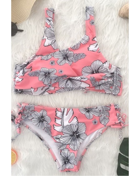 Pink Floral Print Lace Up Tied Sides Chic Bikini