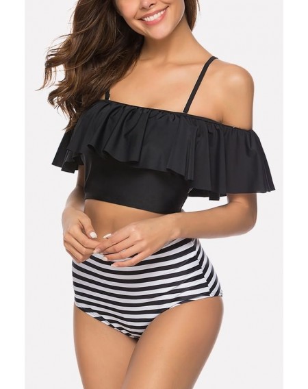 Black Stripe Ruffles Off Shoulder High Waist Sexy Bikini