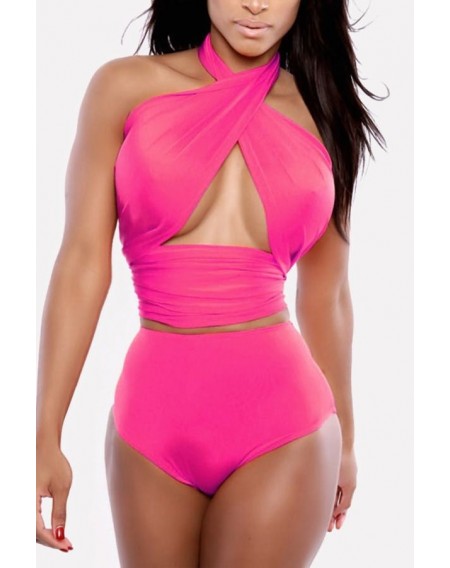 Hot-pink Wrap Halter Unlined High Waist Sexy Bikini
