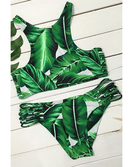 Green Leaf Print Strappy Sexy Two Piece Bikini Swimsuit