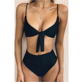 Black Plunging Knotted High Waist Sexy Two Piece Bikini Swimsuit