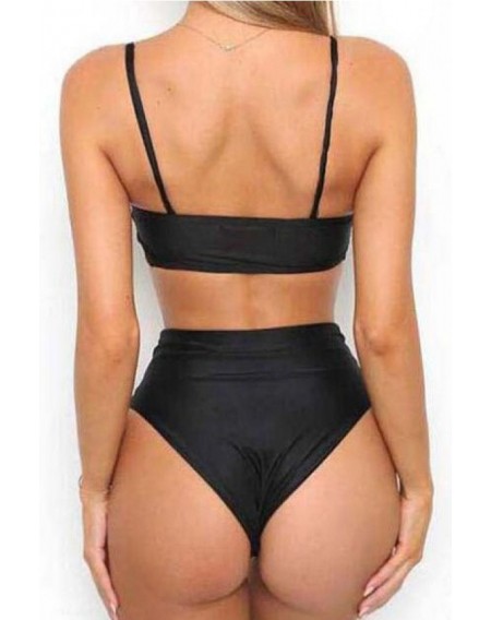 Black Plunging Knotted High Waist Sexy Two Piece Bikini Swimsuit
