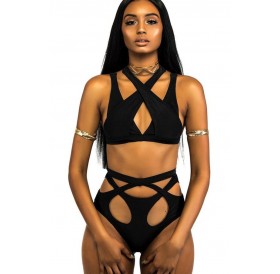 Black Wrap Around Bandage Strappy Cutout High Waisted Sexy Cheeky Two Piece Bikini Swimsuit