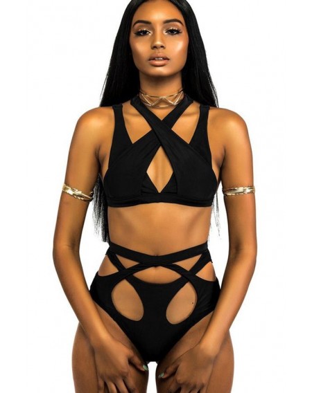 Black Wrap Around Bandage Strappy Cutout High Waisted Sexy Cheeky Two Piece Bikini Swimsuit
