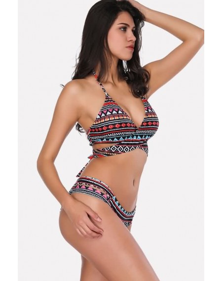 Black Tribal Print Halter Cutout Cheeky Sexy Bikini Swimsuit