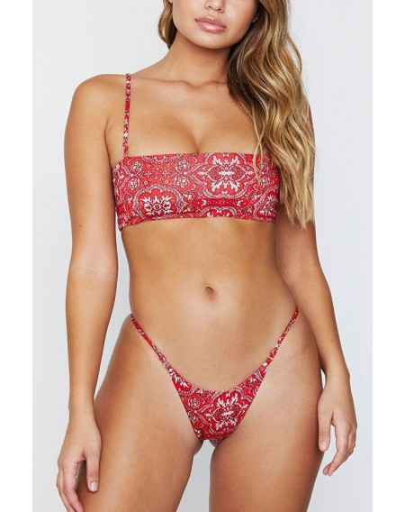 Red Tribal Print Spaghetti Straps Thong Skimpy Sexy Bikini