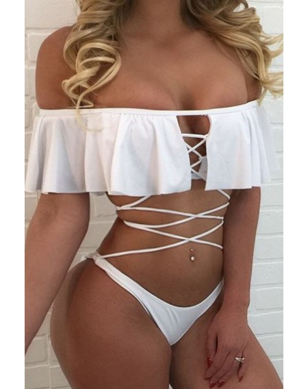 Solid Color Off Shoulder Ruffled Strappy Sexy Two Piece Swimsuit