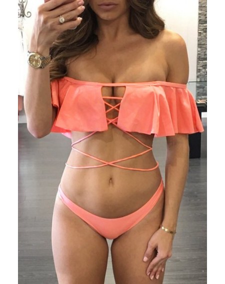 Solid Color Off Shoulder Ruffled Strappy Sexy Two Piece Swimsuit