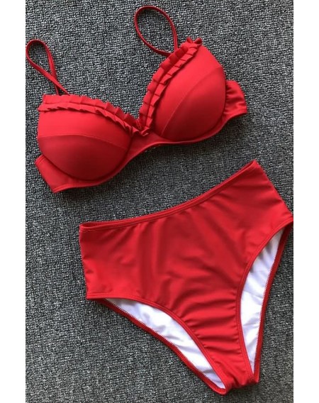 Red Ruffles Trim Push Up High Waist Cheeky Sexy Bikini