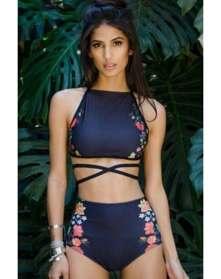 Dark Blue High Neck Floral Print Strappy Lace Up Backless Sexy High Waisted Two Piece Crop Top Bikini Swimsuit