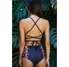 Dark Blue High Neck Floral Print Strappy Lace Up Backless Sexy High Waisted Two Piece Crop Top Bikini Swimsuit