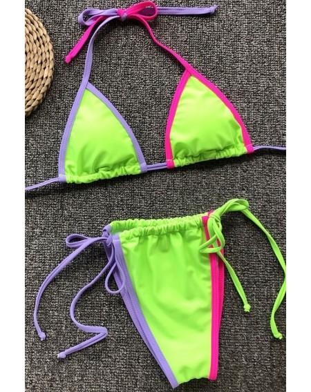 Green Contrast Halter Triangle Tie Sides Thong Sexy Micro Bikini