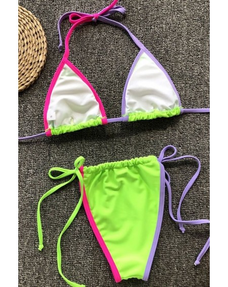 Green Contrast Halter Triangle Tie Sides Thong Sexy Micro Bikini