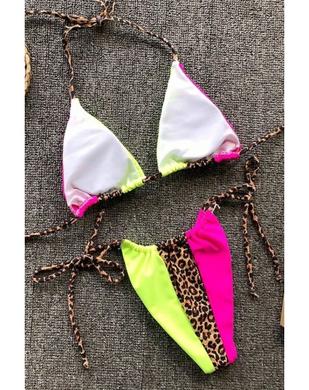 Leopard Print Halter Triangle Tie Sides Thong Bikini