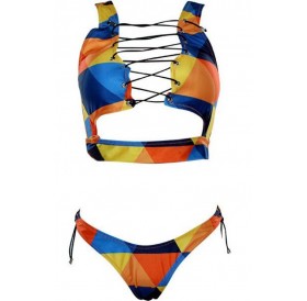 Yellow Color Block Strappy Lace Up Cutout Sexy High Cut Cheeky Two Piece Bikini Swimsuit