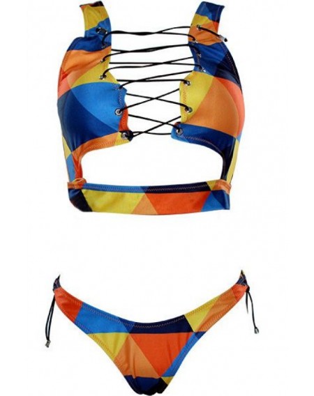 Yellow Color Block Strappy Lace Up Cutout Sexy High Cut Cheeky Two Piece Bikini Swimsuit