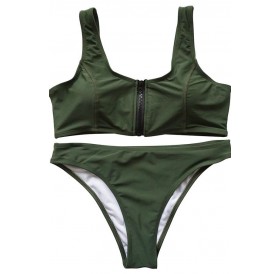 Army-green Zipper U Neck Cheeky Sexy Crop Top Bikini