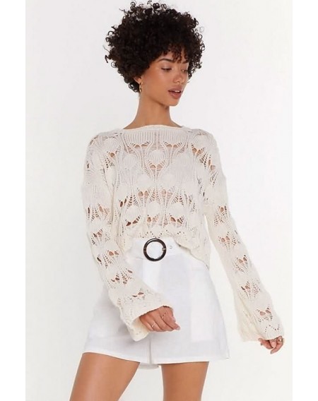 White Crochet Hollow Out Flare Sleeve Sexy Cover Up