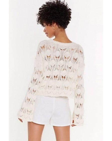White Crochet Hollow Out Flare Sleeve Sexy Cover Up