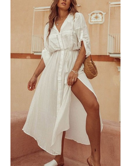 White Button Up Slit Side Tassel Tied Casual Dress Cover Up