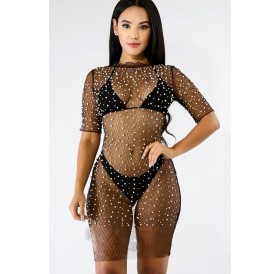 Black Imitation Pearl See Through Sexy Cover Up Dress