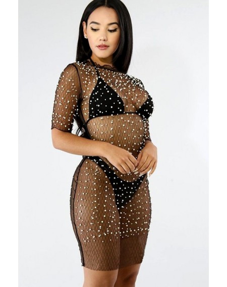 Black Imitation Pearl See Through Sexy Cover Up Dress