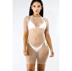 White Imitation Pearl See Through Sexy Cover Up Dress