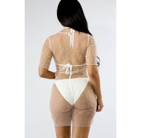 White Imitation Pearl See Through Sexy Cover Up Dress
