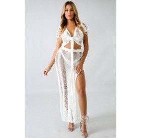 White V Neck High Slit Tied Crop Top Skirt Sexy Cover Up