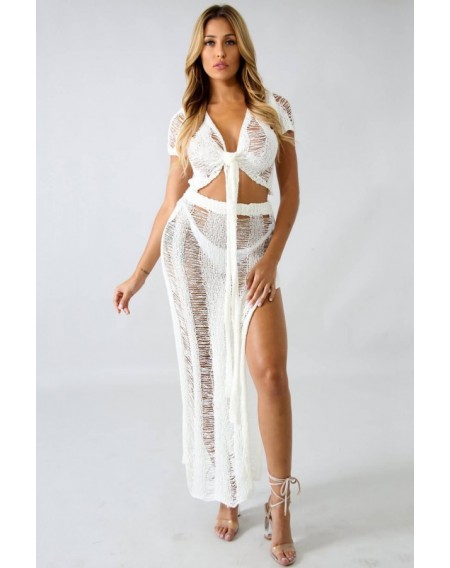 White V Neck High Slit Tied Crop Top Skirt Sexy Cover Up