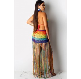 Multi Color Block Crochet Fringe Bra Skirt Sexy Cover Up