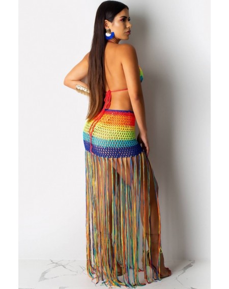 Multi Color Block Crochet Fringe Bra Skirt Sexy Cover Up
