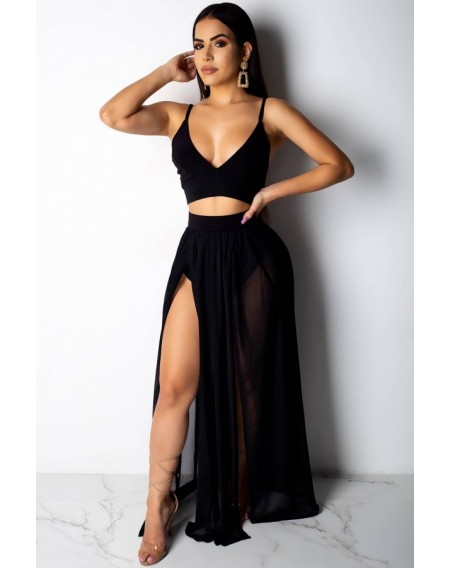 Spaghetti Straps Slit Crop Top Skirt Sexy Cover Up