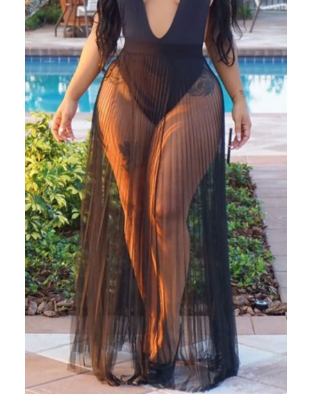Mesh Sheer Pleated Sexy Maxi Beach Skirt Cover Up
