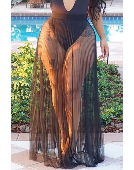 Mesh Sheer Pleated Sexy Maxi Beach Skirt Cover Up