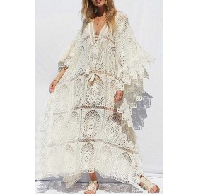 Beige Lace V Neck Sexy Beach Maxi Dress Cover Up
