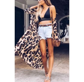 Leopard Long Sleeve Open Front Casual Chiffon Cover Up