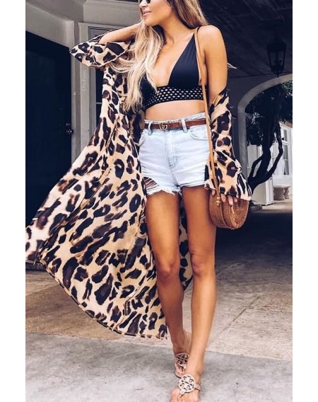Leopard Long Sleeve Open Front Casual Chiffon Cover Up