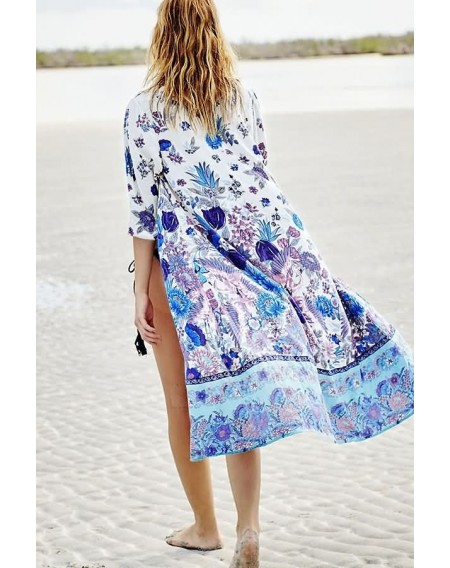 Blue Floral Print Open Front Half Sleeve Casual Boho Cover Up