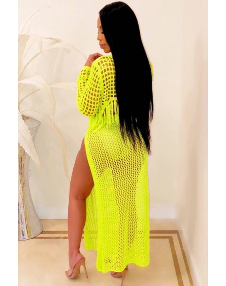 Yellow Fringe Hollow Out Slit Crop Top Skirt Sexy Cover Up
