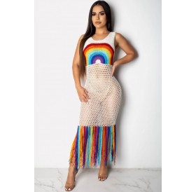 White Rainbow Hollow Out Fringe Casual Beach Dress Cover Up