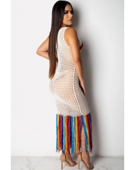 White Rainbow Hollow Out Fringe Casual Beach Dress Cover Up