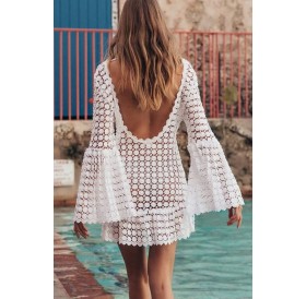 White Lace Flare Sleeve Backless Sexy Beach Dress Cover Up