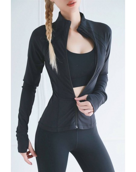 Black Zipper Up Long Sleeve Yoga Sports T Shirt