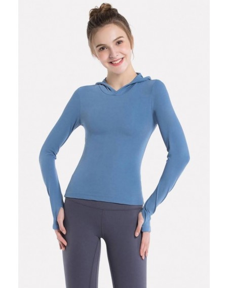 Blue Hooded Long Sleeve Yoga Sports T Shirt