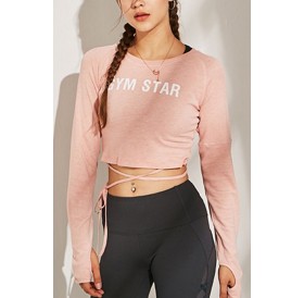 Pink Slogan Tied Thumb Hole Long Sleeve Workout Sports Crop Top