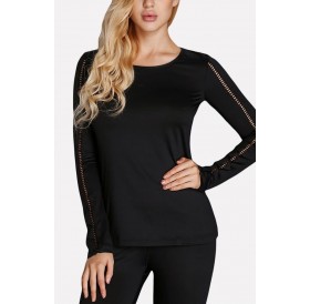 Black Hollow Out Long Sleeve Round Neck Yoga Sports Tee Top