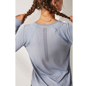 Light-blue Thumb Hole Long Sleeve Hollow Out Back Workout Sports Tee