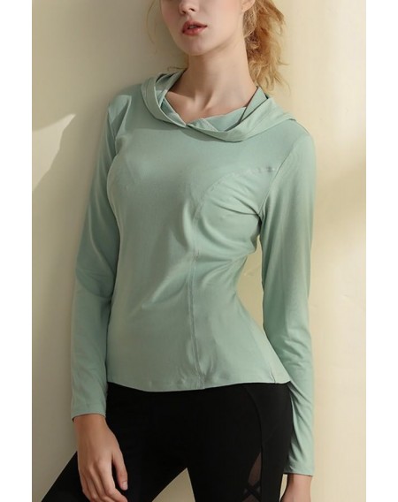 Green Hooded Long Sleeve Workout Sports Tee