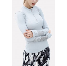 Gray Hollow Out Zipper Thumb Hole Long Sleeve Sports Tee